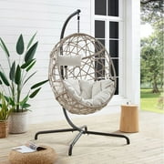 Ulax Furniture Indoor Outdoor Rattan Hanging Basket Swing Chair with Stand and Cushion, White